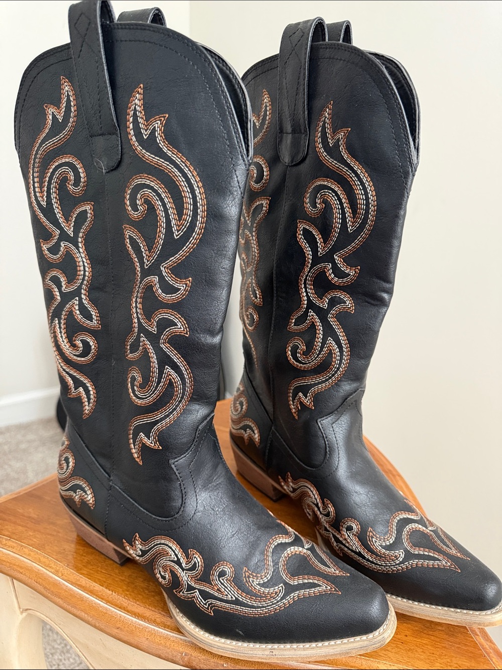 Women's Black Over-the-Knee Western Boots with Tan Embroidery
